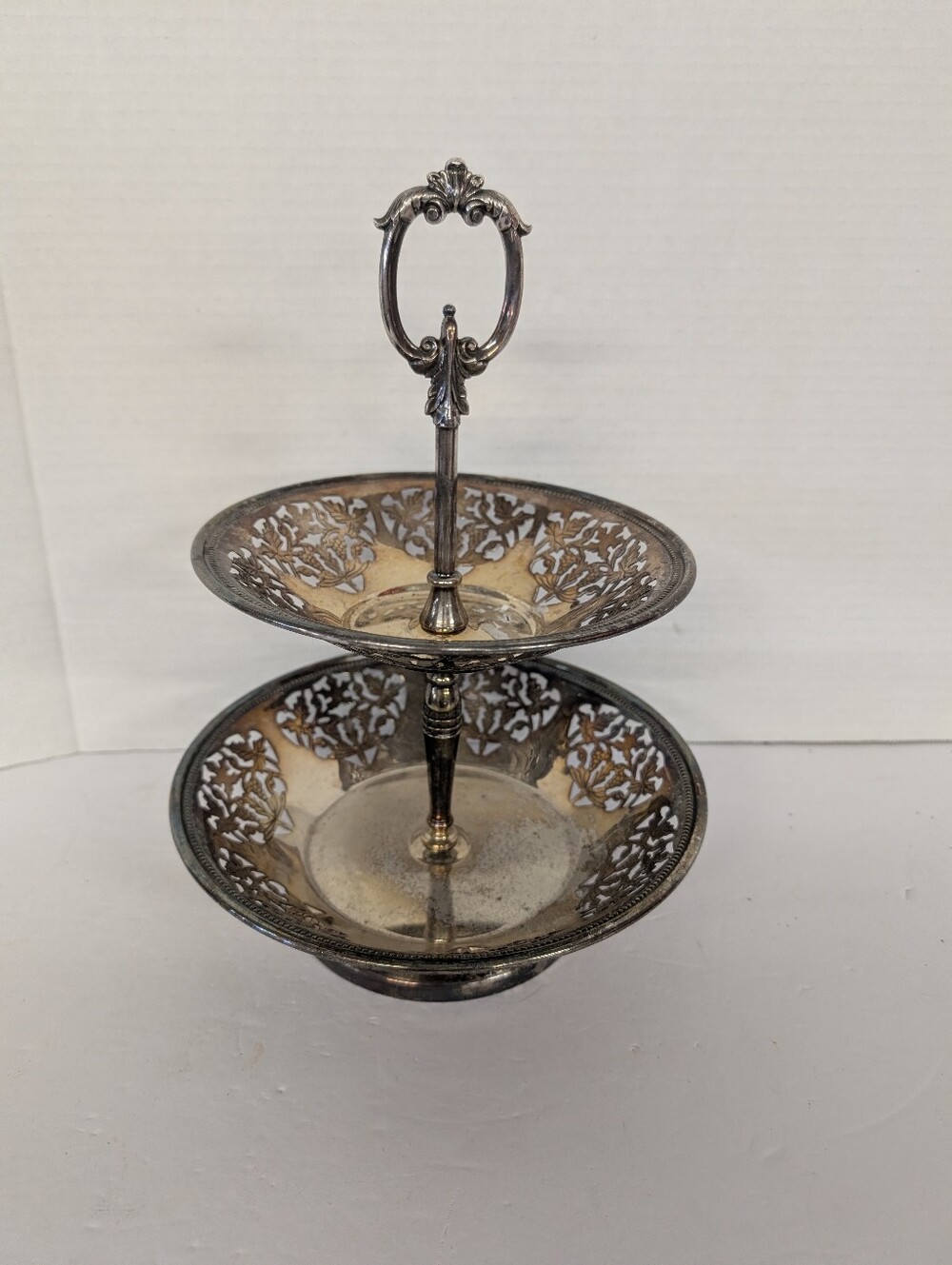 Silverplate Two-Tier Decorative Metal Serving Stand  Silver